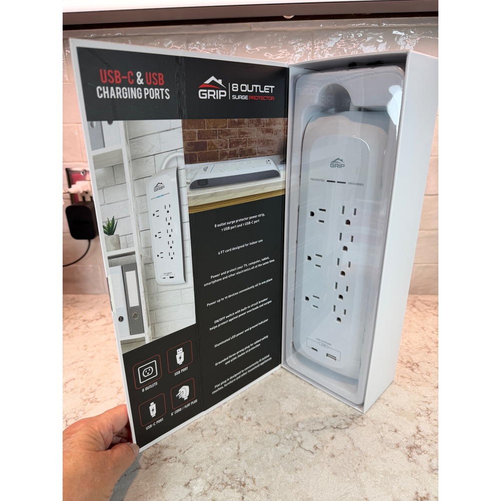 GRIP 8 Outlet Surge Protector Power Strip 6ft Cord USB-C USB-A White DMS3-1190
